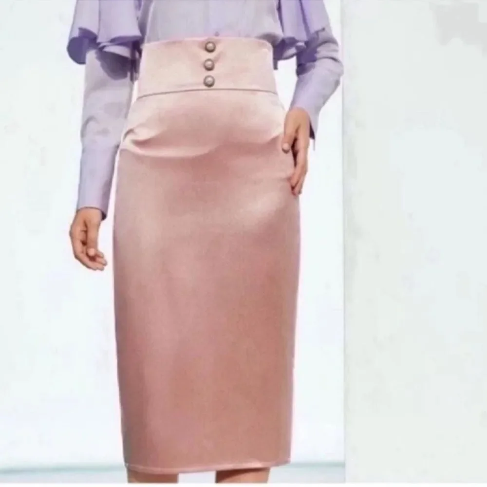 Zipper Back Button Detail Wide Waistband Split Hem Satin Skirt Size XS